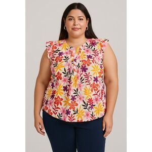 St Johns Bay Top Womens Plus Size 2X White Floral Bright Boho Pleated Sleeveless